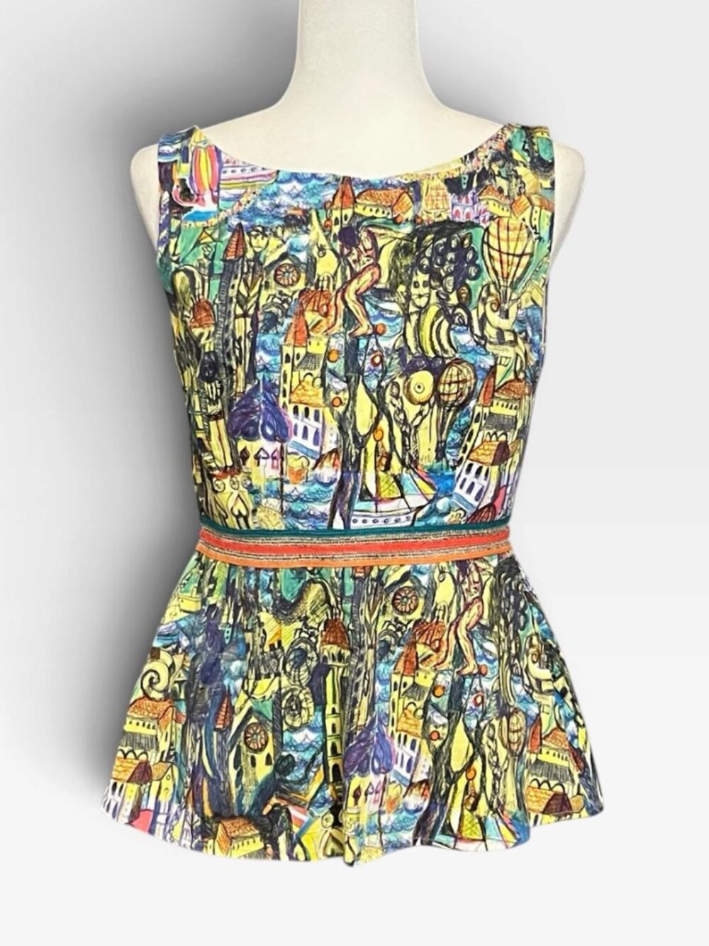 Anthropologie Weston Wear Peplum Top M Whimsical Village Print Hot Air Balloon